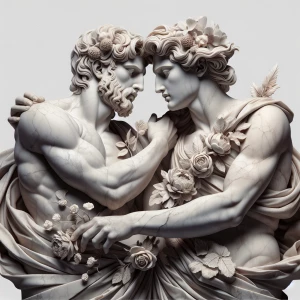 Design a neoclassical sculpture of two intertwined, idealized  f...