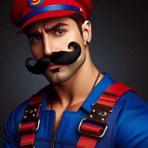 Muscular Mario wearing a harness