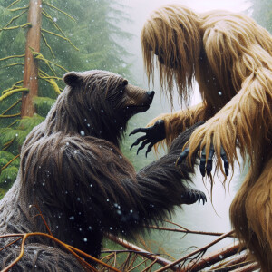 A humanoid looking hair covered Sasquatch chocking a Beatr in Br...