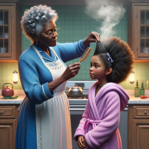 Create a realistic 3-D image of an african-American grandmother wearing a blue house dress and a white apron . She is in the kitchen with her african-American granddaughter. Her granddaughter is wearing a pink bath robe. The grandmother has a hot comb in her hand and she is straightening her granddaughters hair. One side of her granddaughters hair is in  a Afro the other straight 
There is smoke coming from the hot comb
The granddaughter is making a face as if to say grandma that hurt