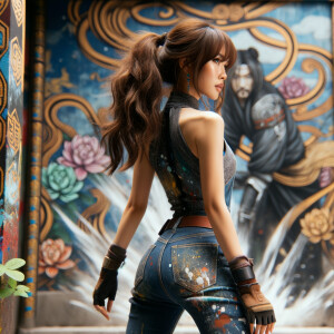 Attractive, Asian teenage girl, long brown hair and bangs, wearing tight skinny jeans and a halter top paint marks on her clothing, backside view heroic pose Asian graffiti