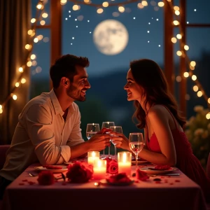 A romantic Valentine's Day scene featuring a cozy candlelit dinner for two. The table is adorned with red roses, heart-shaped decorations, and elegant wine glasses. Soft fairy lights twinkle in the background, creating a warm and intimate atmosphere. A couple holds hands across the table, gazing at each other lovingly. The setting could be indoors in a stylish restaurant or outdoors under a starry sky with a full moon casting a gentle glow. The color palette includes deep reds, soft pinks, and warm golden tones to evoke love and romance