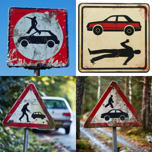 a road sign with a hit-and-run man and a car