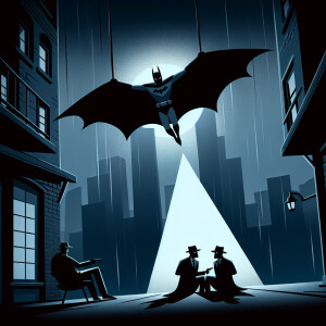 In the iconic style of the 90's Batman cartoon, picture Batman g...