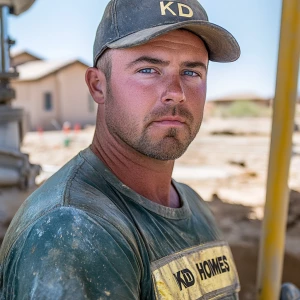 Brian Nobles a real 28 year old Caucasian male who is using  a concrete mixer, he is a  pump operator holding the hose which carries the liquid concrete to the foundation pour, Brian is slowly  beginning his transition into adult maturity , Brian Nobles is beginning to look like a grown man, he has large reflective blue eyes and a wrinkled brow,Brian is now balding , prominent large protruding round fat obese belly,,thick goatee beard, healthy muscle mass ,very noticeable male pattern balding hairline, Brian Nobles now has a  prominent receding and thinning male hairline (onset male pattern baldness), slightly fat overweight(Caucasian)wearing tight body conforming  glossy satin shiny green and gold tight fitting body conforming UnderArmour athletic bodysuit,emblazoned with the "KD HOMES" real estate logo, standing confidently in front of a newly completed constructed new KD HOME in Victorville California in a raw desert landscape. Brian has a protruding fat obese muscular physique, large male bulge, fat obese muscular frame , shows a substantial frame with a noticeable mature hairline and expressive eyes. His workman’s  pose should reflect his experience in his trade.