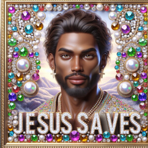 A 3D realistic artwork featuring the phrase 'Jesus Saves' adorne...
