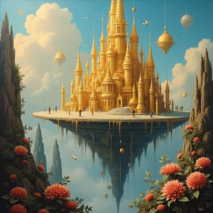 A whimsically extravagant artificial planet, gleaming with gilde...