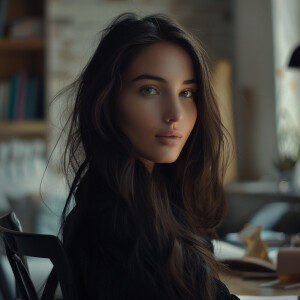 Fair-skinned woman with dark long hair, elegant and composed, ca...
