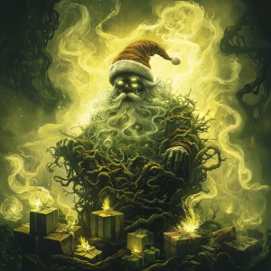 In a hazy, psychedelic forest, a sinister Santa figure sits atop...