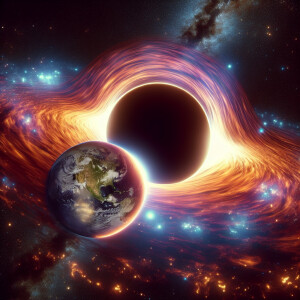 Create an image depicting a massive black hole looming in space,...