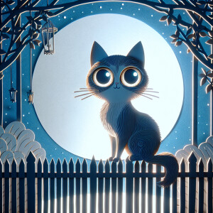 Beautiful cat with big eyes , sitting on a fence in the moonligh...