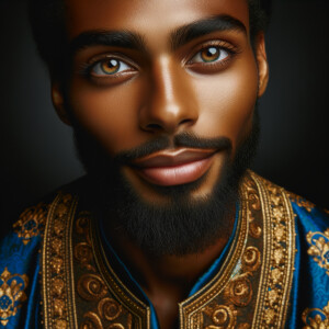 Create handsome African-American, Jesus, with Hazel Brown eyes wearing a blue and gold robe