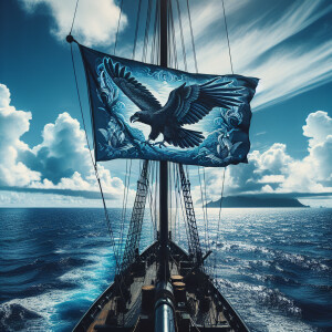 The ship is sailing in the Pacific Ocean. It has a black raven f...