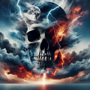 hyper-realism,  double exposure, skull, storm, lightning, fire,...