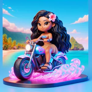 Create an image of the character Moana riding a motorcycle with...