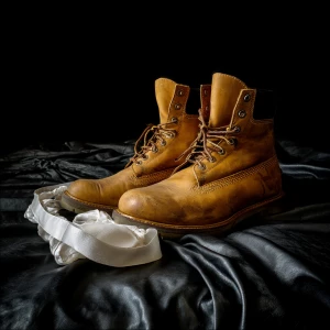 Make a pair of tan men’s work boots and on top of them a white j...