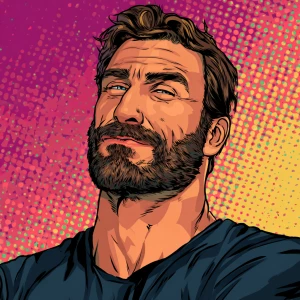 White muscular thin man with beard, big chin, smile and cheekbon...