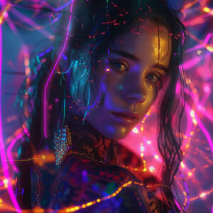 Kirlian photography aesthetic, ultra-realistic cyberpunk female,...