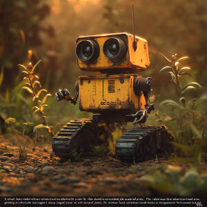 "A small, boxy robot with a yellow, worn-out exterior and binocu...