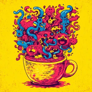 hand-drawn coffee cup overflowing with chaotic swirling steam tr...