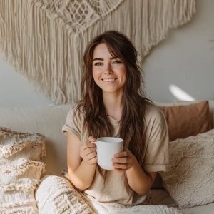 Realistic scene of a smiling young woman holding an 11oz glossy...
