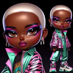 Create an ultra-realistic, ultra-glossy chibi-style character with a rich African American skin tone and brown eyes. The character has sleek, platinum blonde and pink gradient hair, full glossy pink lips, and dramatic makeup with vibrant pink eye shadow. The outfit features a neon pink leopard print cropped jacket, metallic green and black zebra-striped joggers, and chunky sneakers with metallic accents. The design is bold, stylish, and high-fashion, with no background