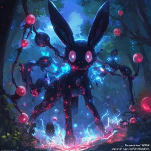 A surreal vertical artwork of a zombified Umbreon  mid-evolution...