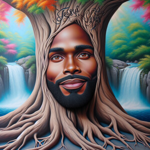 A hyper-realistic 3-D oil painting depicting a tree integrated w...