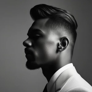 A clean, geometric portrait of a man’s profile, where sharp contrasts emphasize the contours of his face and the lines of his clothing