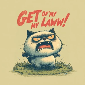 a cute angry cat yelling "Get Off My Lawn!", standing on a grass...