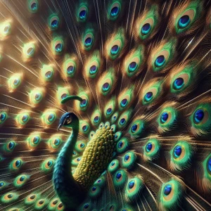 Craft a photorealistic 3D image of a majestic peacock in UHD 8K...