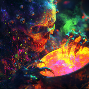 A grotesque alien witch with mini skulls embedded in her face, s...