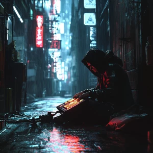 Dramatic splash art. A lone cyberpunk hacker sits hunched over a...