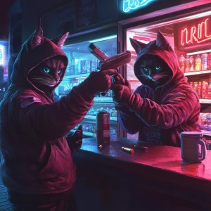 Anthropomorphic gangster cats in hoodies and ski masks robbing a...