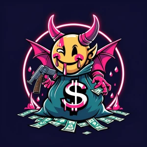 Design a cartoon-style circular logo featuring a cheeky demon we...