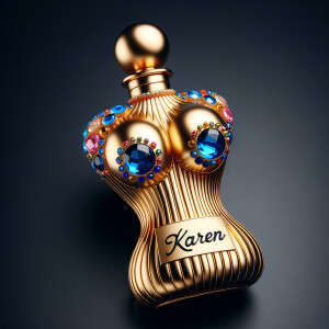 Create a 3-D realistic gold and  blue, colorful jewels perfume bottle
In the shape of a women’s body with the name Karen