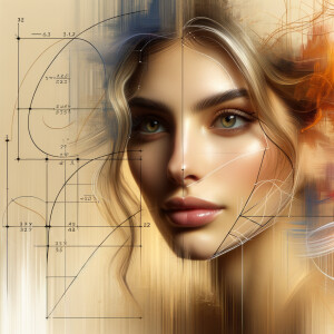 Abstract, minimalist, art cardiogram, charts complex, mathematical formulas, spontaneous lines, and paint marks, paint in hair, golden ratio