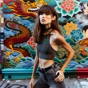 Very thin Athletic Thin skinny Attractive, Asian teenage girl, long brown hair and bangs, wearing tight skinny jeans and a halter top paint marks on her clothing, heroic sideways pose Asian graffiti background