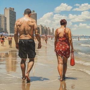 PhotoRealism,a muscular sweaty man walking with his 50 years ol...