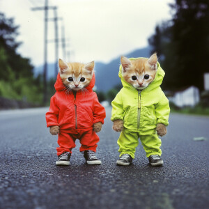 Two small kittens with black eyes, one week old, wearing neon gr...