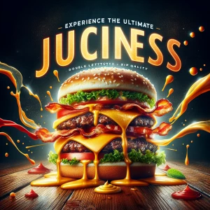 A vibrant ad featuring a towering, double-stacked burger with layers of cheese, lettuce, tomato, and sizzling bacon. The burger is front and center, surrounded by dynamic splashes of mustard and ketchup, with the tagline, ‘Experience the Ultimate Juiciness,’ written in bold, glowing letters at the top.