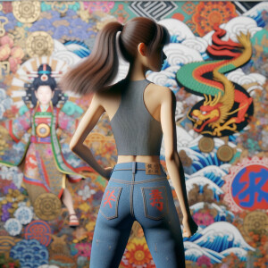 Athletic Thin skinny Attractive, Asian teenage girl, long brown hair and bangs, wearing tight skinny jeans and a halter top paint marks on her clothing, heroic pose Asian graffiti background, backside view