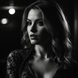 Create a black and white portrait of a femme fatale character in...