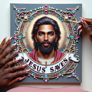A 3D realistic artwork featuring the phrase 'Jesus Saves' adorne...
