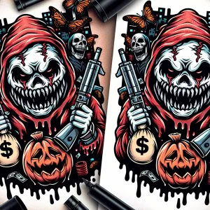 Create a bold horror themed cartoon smiley ghostface mascot logo...