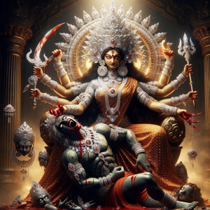 portrait of angry looking goddess durga, sitting on a gold crown and carrying a weak mahishasur on her lap and stabbing him with her amazing red finger nails. She is wearing diamond armor, a huge diamond crown, red saree, abundant diamond jewelry, covered in blood. The scene is set in ancient India. The image is 8K resolution, cinematic, ultra detailed face and epic.