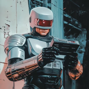 RoboCop holding a classic Nintendo Entertainment System (NES) co...