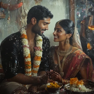 A wealthy muscular Indian groom with a tender affectionate expre...