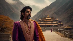 A kind King Vikram standing in front of a beautiful Himalayan ki...