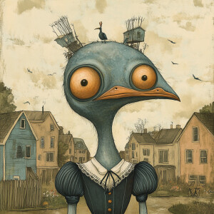 illustration, hair, dress, bird-like beak, bulging eyes, slimy,...